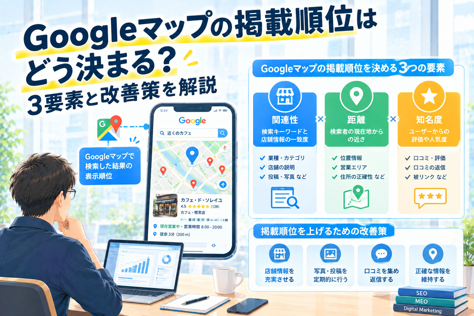 Googleマップの掲載順位はどう決まる?3要素と改善策を解説