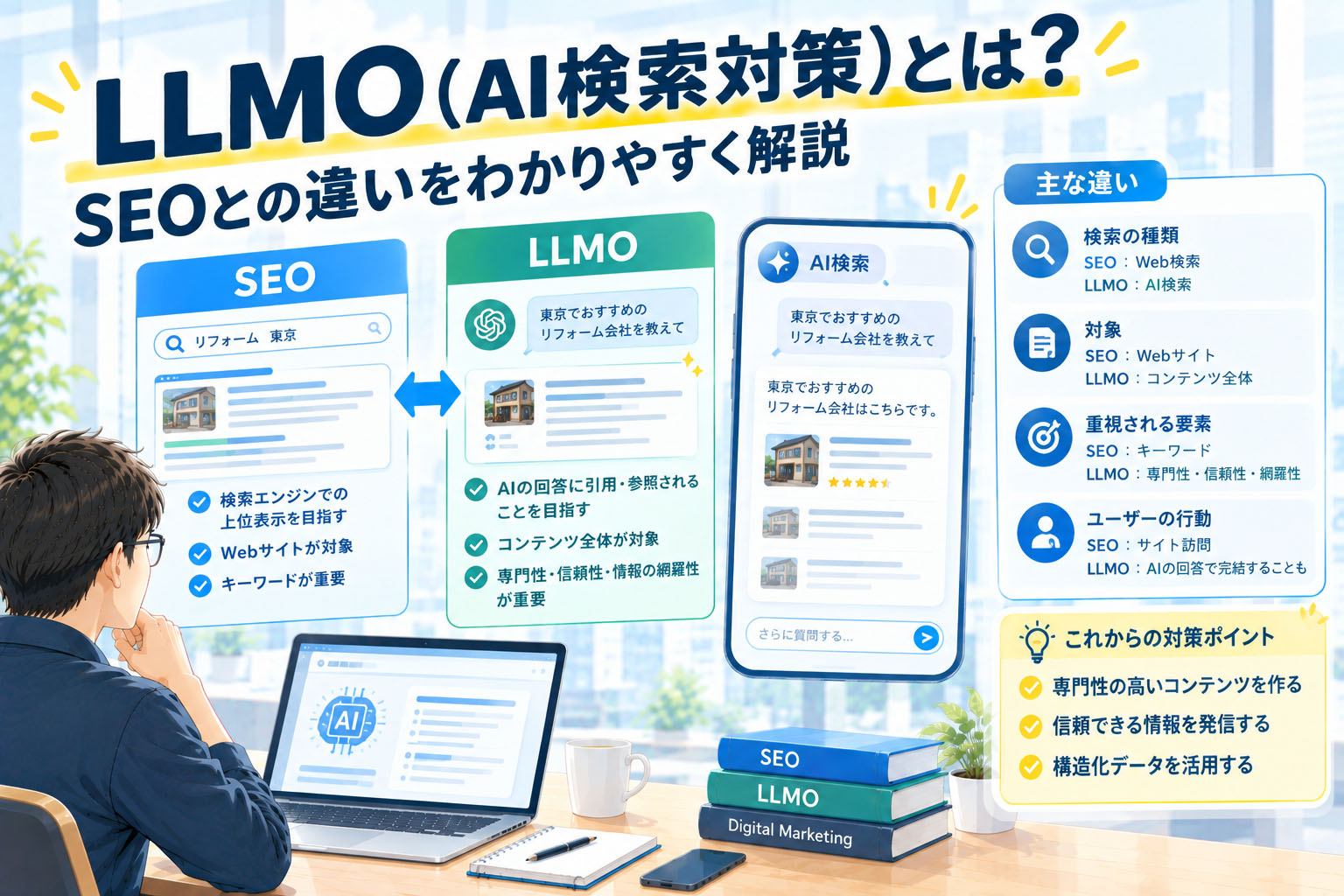 LLMO(AI検索対策)とは?SEOとの違いをわかりやすく解説