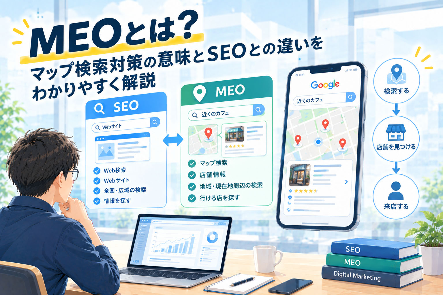 MEOとは?マップ検索対策の意味とSEOとの違いをわかりやすく解説