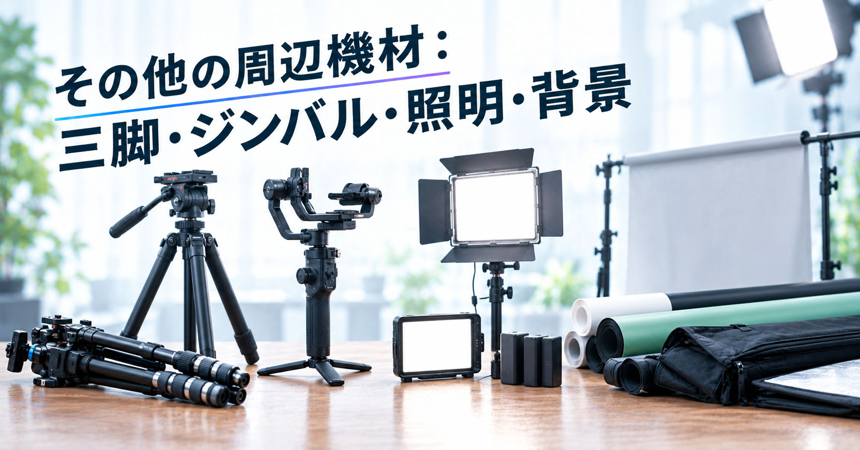照明、ジンバル、三脚 、背景機材を並べた画像