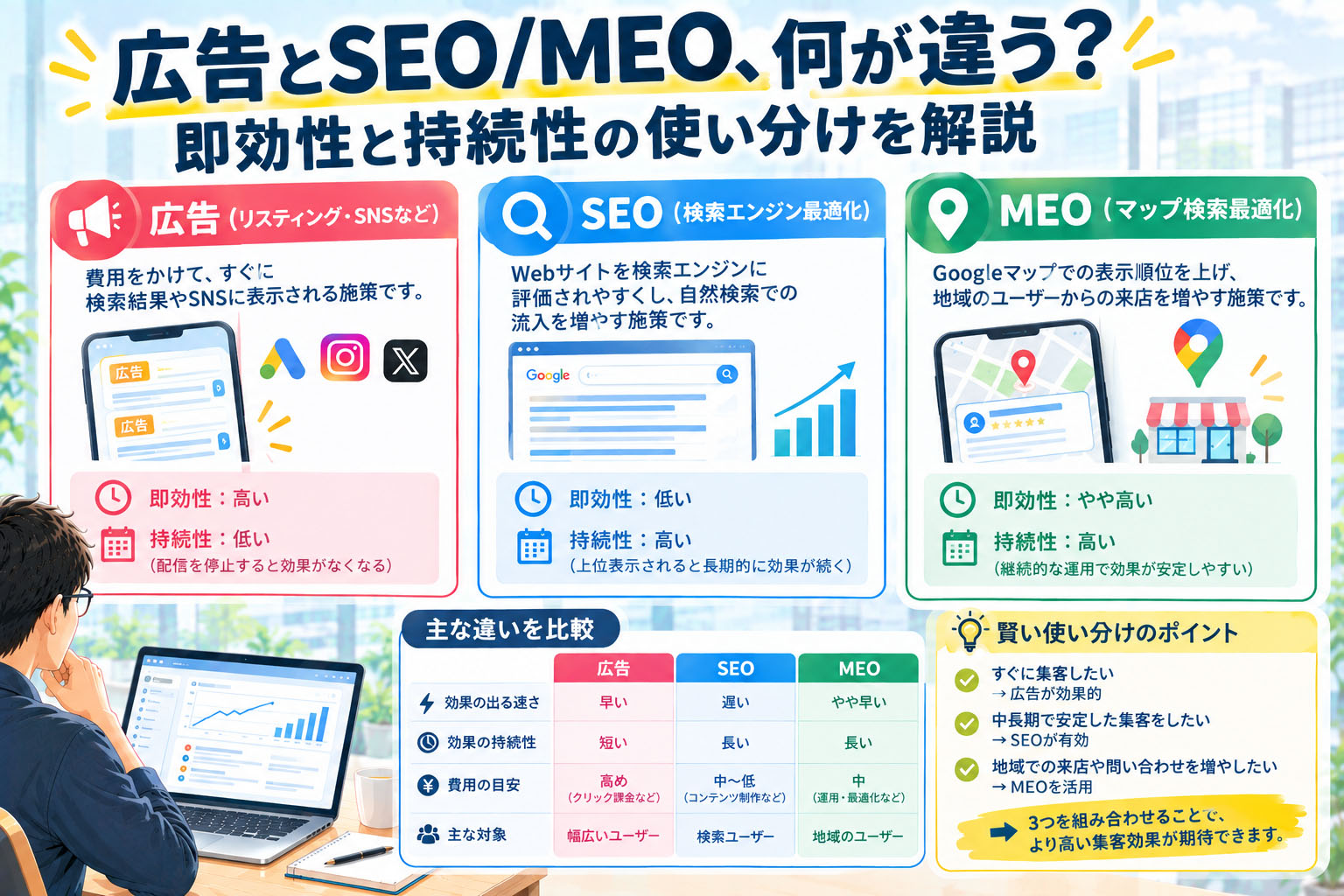 広告とSEO/MEO、何が違う?即効性と持続性の使い分けを解説
