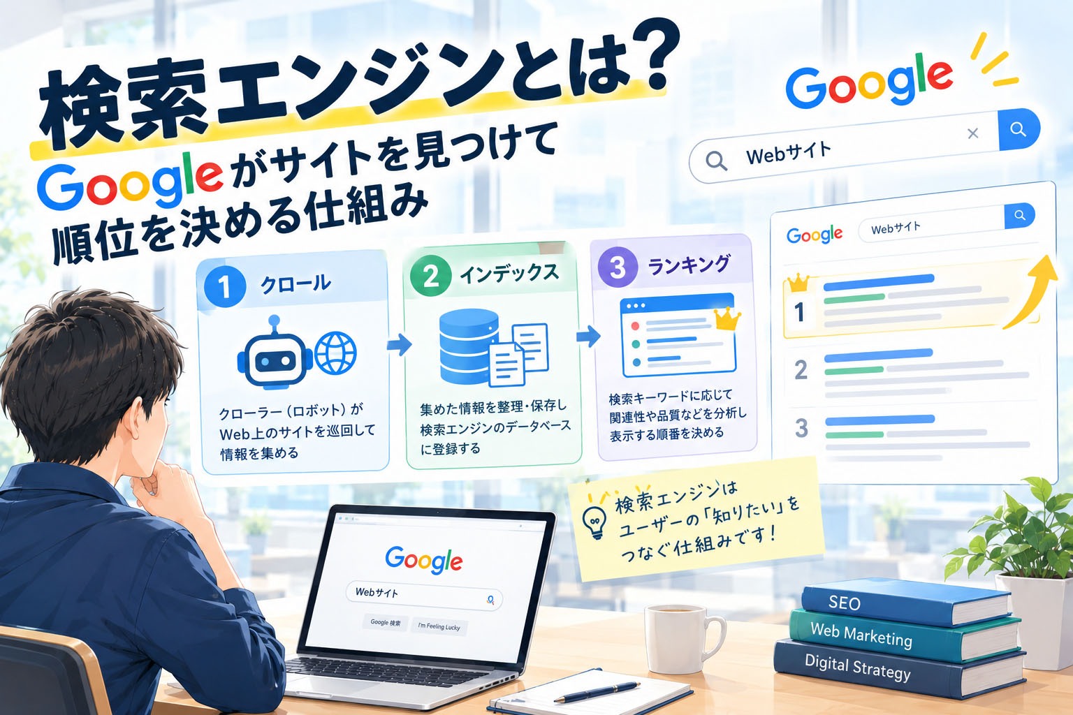 検索エンジンとは?Googleがサイトを見つけて順位を決める仕組み