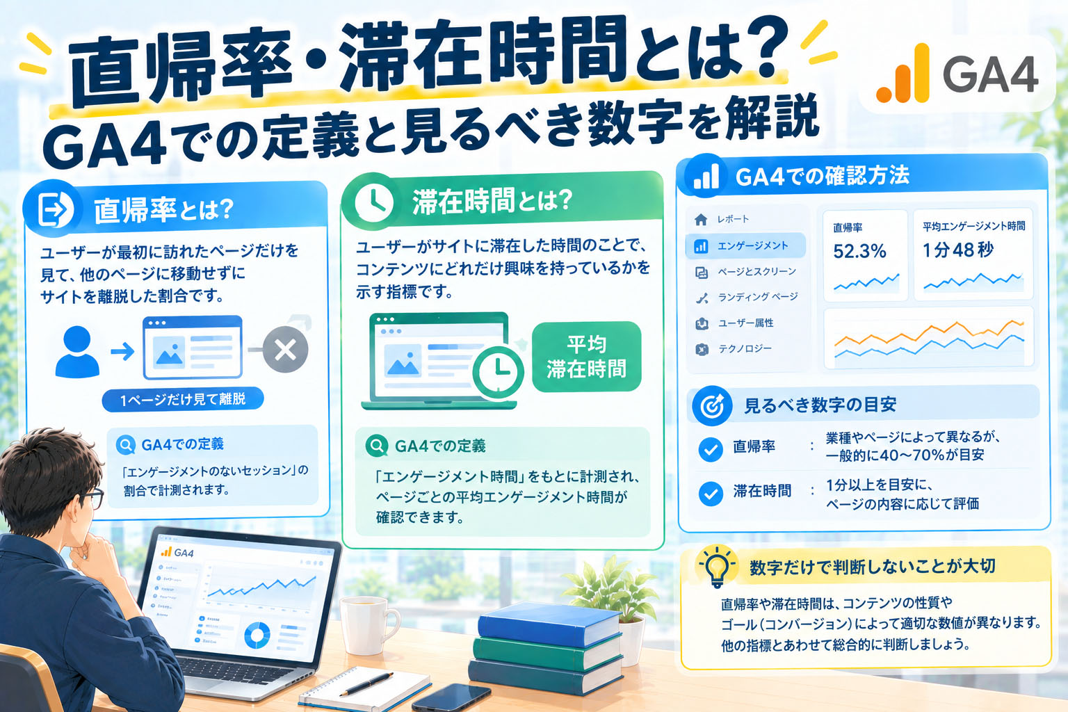 直帰率・滞在時間とは?GA4での定義と見るべき数字を解説
